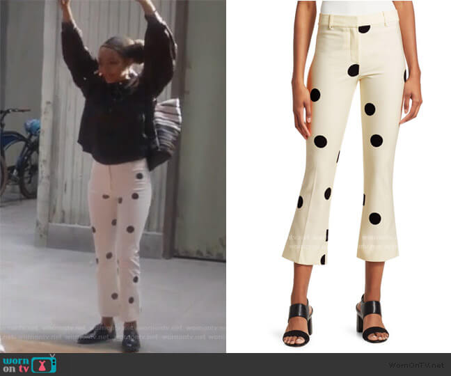 Derek Lam Polka-Dot Cropped Flare Pants worn by Zoey Johnson (Yara Shahidi) on Grown-ish