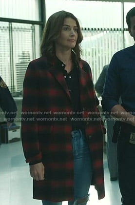 Dex’s red plaid coat on Stumptown
