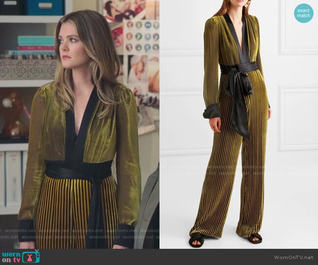 Diane von Furstenberg Satin-Trimmed Striped Velvet Jumpsuit worn by Sutton (Meghann Fahy) on The Bold Type