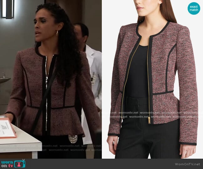 DKNY Knit Piped Peplum Jacket worn by Jordan Ashford (Briana Nicole Henry) on General Hospital