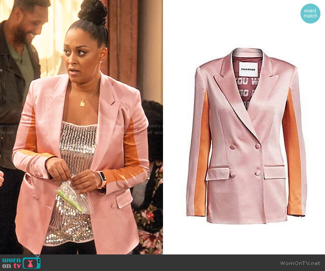Each x Other Colorblock Satin Blazer worn by Cocoa McKellan (Tia Mowry-Hardrict) on Family Reunion