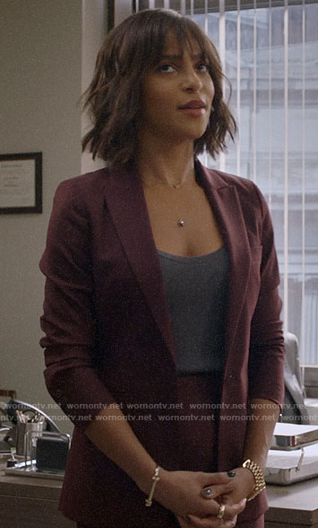 Edie’s dark red suit on Almost Family