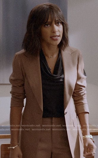 Edie’s black cowl neck top and camel suit on Almost Family