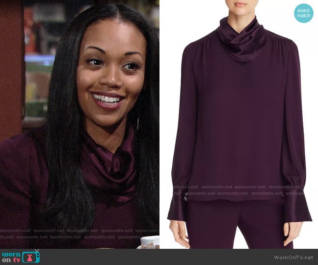 Elie Tahari Nathalie Blouse in Aubergine worn by Amanda Sinclair (Mishael Morgan) on The Young and the Restless