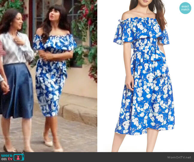 Eliza J Floral Off The Shoulder Midi Dress worn by Tahani Al-Jamil (Jameela Jamil) on The Good Place