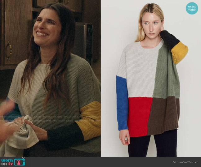 Entireworld Patchwork Adams Sweater worn by Rio (Lake Bell) on Bless This Mess