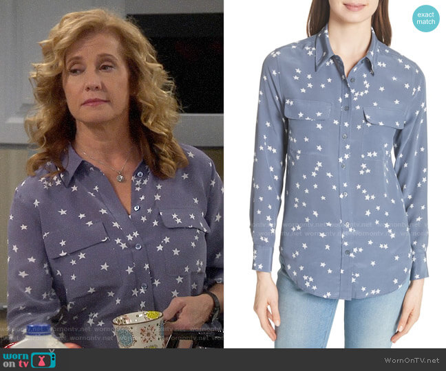 Equipment Starry Night Silk Shirt in Bluestone worn by Vanessa Baxter (Nancy Travis) on Last Man Standing
