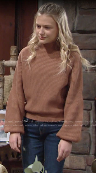 Faith’s tan sweater on The Young and the Restless