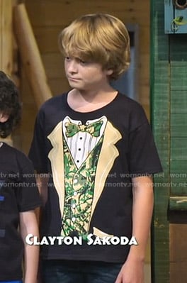 Finn’s black camo tuxedo print tee on Bunkd