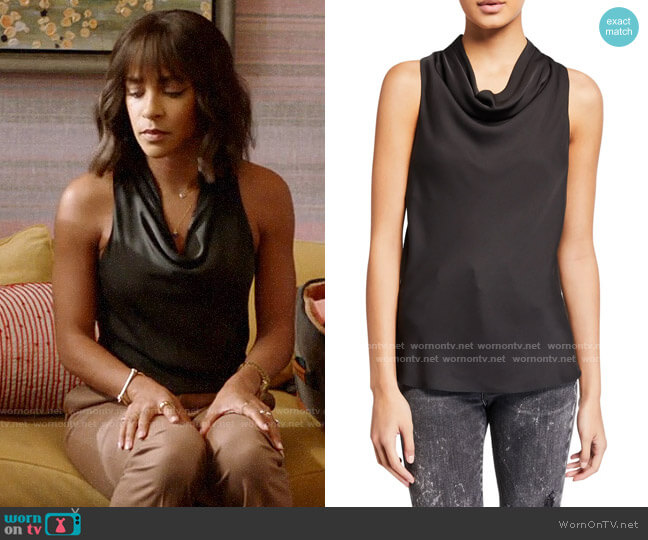 Frame Cowl Neck Silk Tank worn by Edie Palmer (Megalyn Echikunwoke) on Almost Family