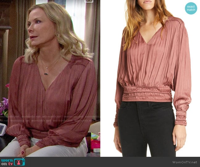 Frame V-Neck Pleated Top in Rosewood worn by Brooke Logan (Katherine Kelly Lang) on The Bold and the Beautiful