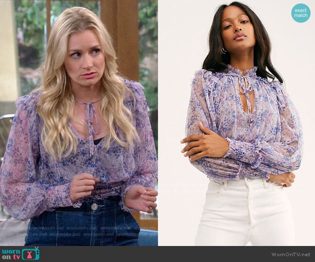 Free People Twyla Top in Lilac worn by Gemma (Beth Behrs) on The Neighborhood