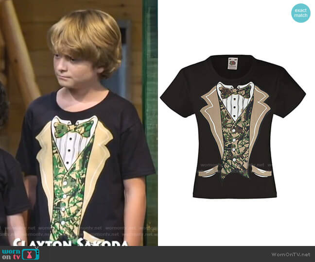 Fresh Tees Camo Tuxedo with Bowtie T-Shirt worn by Finn Sawyer (Will Buie Jr) on Bunkd