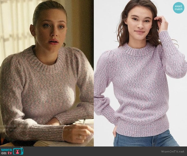 GAP Puff Sleeve Crewneck Sweater in Marled Purple worn by Betty Cooper (Lili Reinhart) on Riverdale