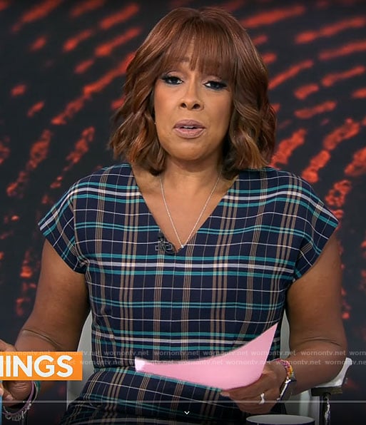 Gayle’s plaid v-neck dress on CBS Mornings