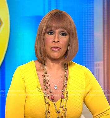 Gayle’s yellow ribbed v-neck dress on CBS Mornings