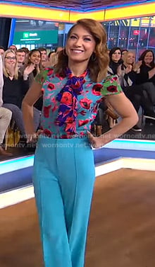 Ginger’s floral tie neck top and blue pants on Good Morning America