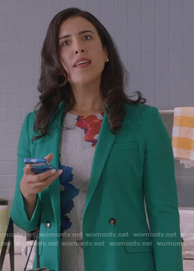 Shannon’s gray floral sheath dress on Kims Convenience