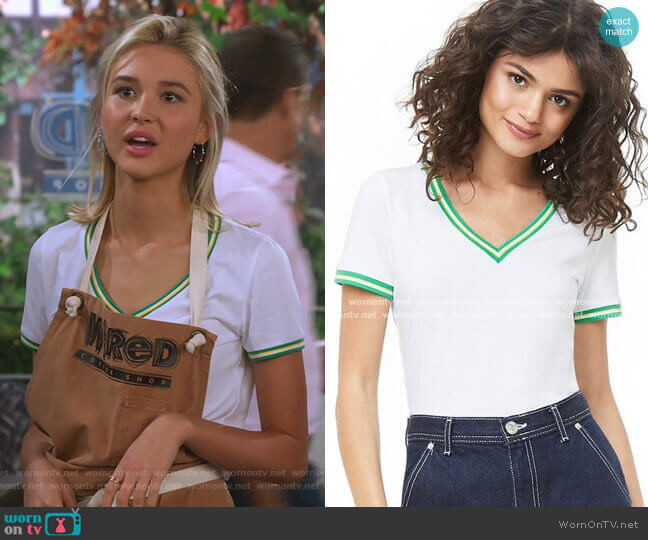 Forever 21 Green Striped Trim V-neck Tee worn by Katie Cooper (Isabel May) on Alexa & Katie