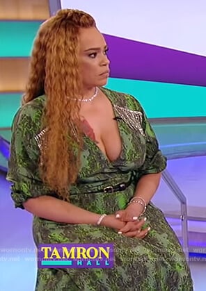 Faith Evan’s green snakeskin print dress on Tamron Hall Show