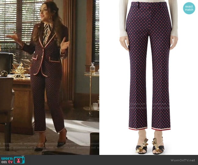 Gucci Geometric G Iconic Boot Cut Trousers worn by Fallon Carrington (Elizabeth Gillies) on Dynasty
