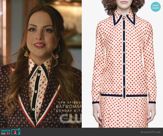 Gucci Shirt with GG, Gearts and Clovers worn by Fallon Carrington (Elizabeth Gillies) on Dynasty