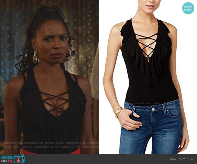 Guess Sleeveless Half Moon Ruffle Bodysuit worn by Veronica Fisher (Shanola Hampton) on Shameless