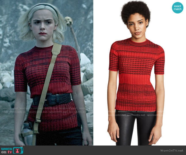 Helmut Lang Stripe Crew Neck Sweater worn by Sabrina Spellman (Kiernan Shipka) on Chilling Adventures of Sabrina