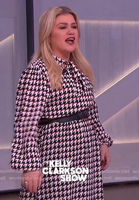 Kelly’s houndstooth tie neck dress on The Kelly Clarkson Show