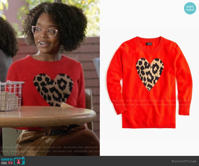 J. Crew Everyday cashmere crewneck sweater with leopard heart worn by Diane Johnson (Marsai Martin) on Black-ish