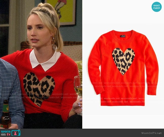 J. Crew Everyday cashmere crewneck sweater with leopard heart worn by Mandy Baxter (Molly McCook) on Last Man Standing