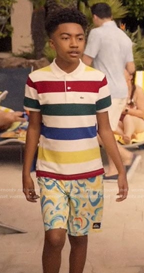 Jack’s rainbow striped polo shirt and printed board shorts on Black-ish