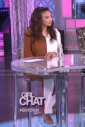 Jeannie’s brown and white two-tone blouse and pants on The Real