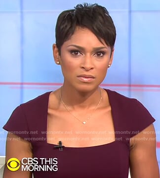 Jericka’s purple square neck cap-sleeve dress on CBS This Morning