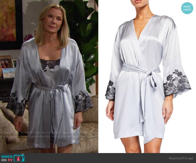 Josie Natori Lolita Lace-Trim Silk Wrap Robe in Smoke worn by Brooke Logan (Katherine Kelly Lang) on The Bold and the Beautiful