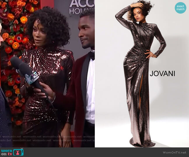 Jovani Long Sleeve Metallic Prom Dress worn by Zuri Hall on Access Hollywood