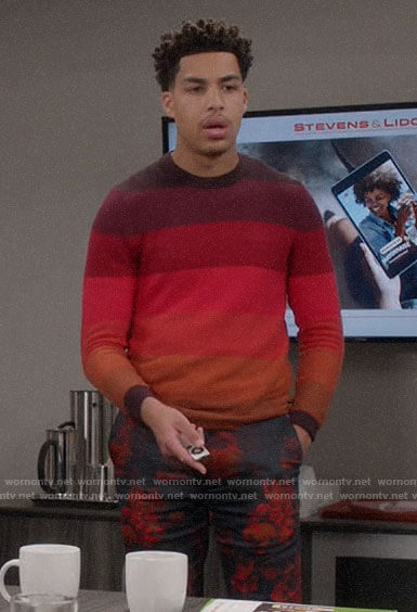 Junior’s red striped sweater and floral trousers on Black-ish
