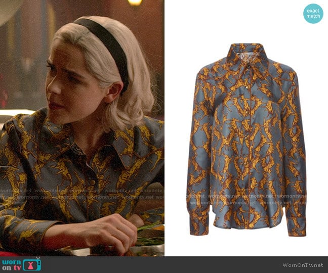 Land of Distraction Silk Sonja Fighting Hares Shirt worn by Sabrina Spellman (Kiernan Shipka) on Chilling Adventures of Sabrina
