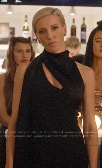 Laurel’s black scarf neck jumpsuit on Arrow