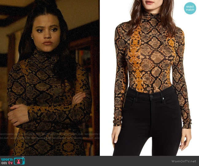 Leith Lightweight Long Sleeve Funnel Neck Top in Brown Sugar Snakeskin worn by Maggie Vera (Sarah Jeffery) on Charmed