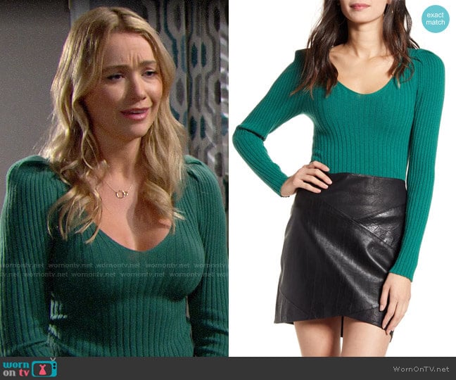 Leith Ribbed Puff Sleeve Sweater in Green Evergreen worn by Flo Fulton (Katrina Bowden) on The Bold and the Beautiful