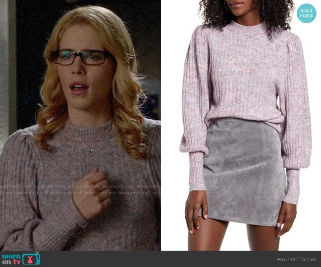 Leith Juliet Sleeve Sweater in Pink Bouquet worn by Felicity Smoak (Emily Bett Rickards) on Arrow