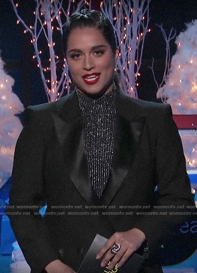 Lilly’s black double-breasted blazer on A Little Late with Lilly Singh
