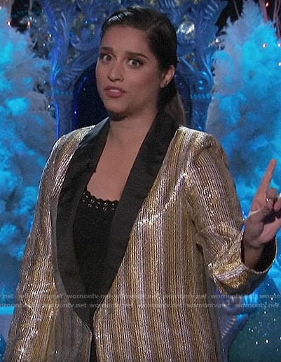 Lilly Singh’s gold striped blazer on A Little Late with Lilly Singh