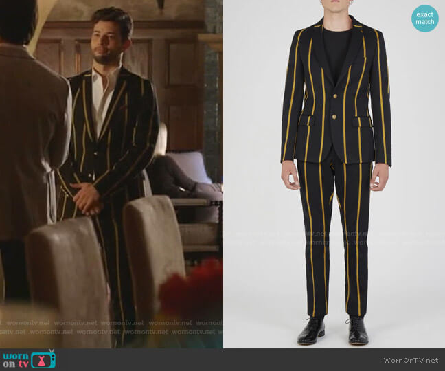 Lords and Fools Black Jacket with Yeollow Stripes worn by Sam Flores (Rafael de la Fuente) on Dynasty