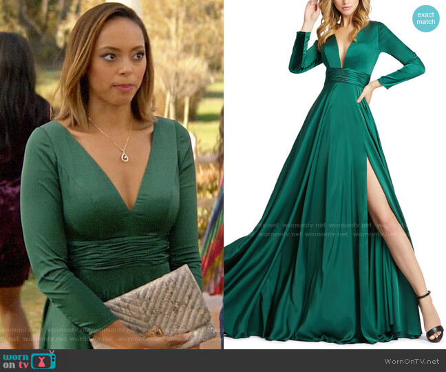 Mac Duggal V-Neck Long-Sleeve Satin Thigh-Slit Gown