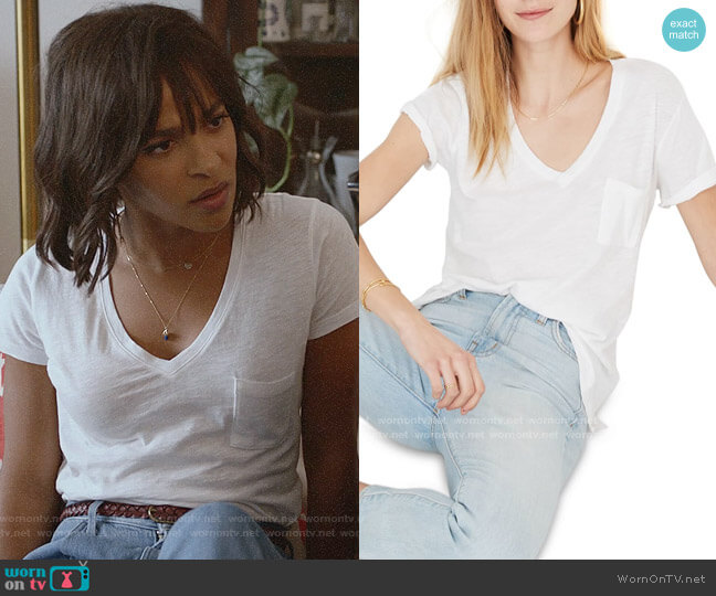 Madewell Whisper Cotton V-Neck Pocket Tee in Optic White worn by Edie Palmer (Megalyn Echikunwoke) on Almost Family