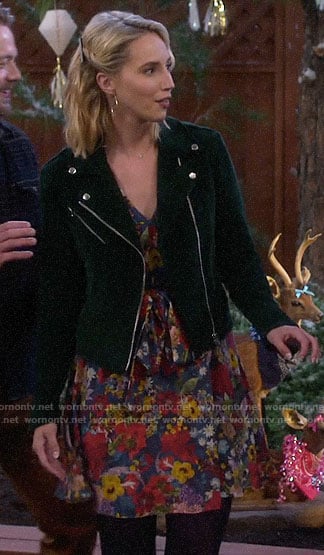 Mandy’s floral wrap dress and green corduroy moto jacket on Last Man Standing