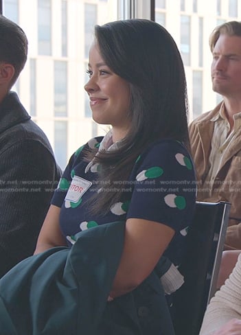 Mariana’s green and white dot short sleeve sweater on Good Trouble