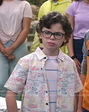 Matteo’s white dinosaur print shirt on Bunkd